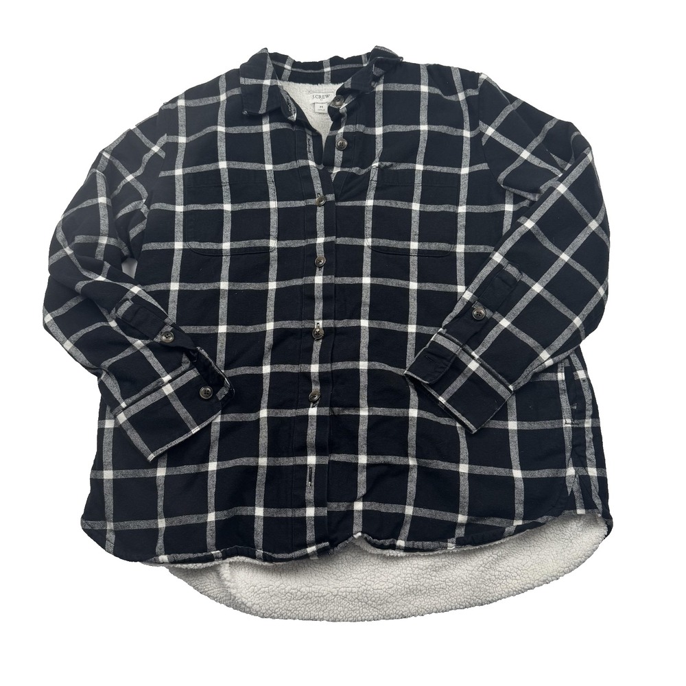 J Crew Mens Medium Black White Plaid Sherpa Lined Flannel Button Up Shirt Jacket